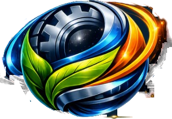 IEJTMMGE emblem: a metallic gear sphere wrapped in blue and orange energy ribbons with green leaves